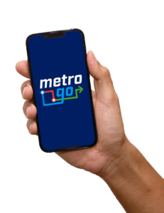 Hand holding a phone that says MetroGo on display